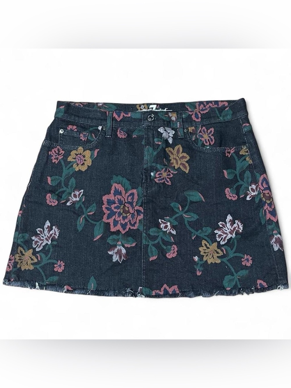 7 For All‎ Mankind Black Floral Print Raw Hem Denim Skirt - Size 31 Boho Indie